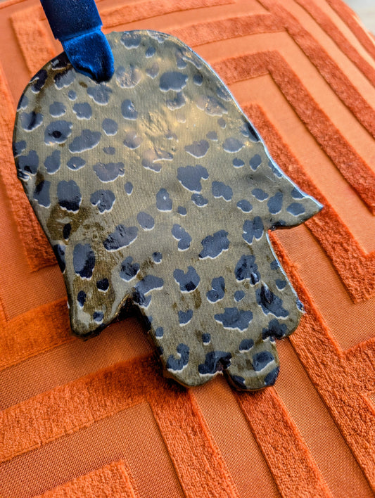 Hamsa wall art in olive and navy leopard print