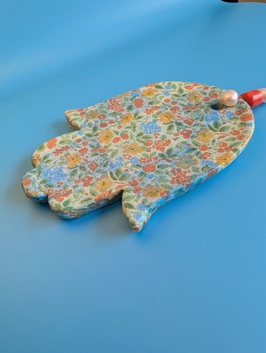 Hamsa wall art in "California floral" checkerboard with pearls