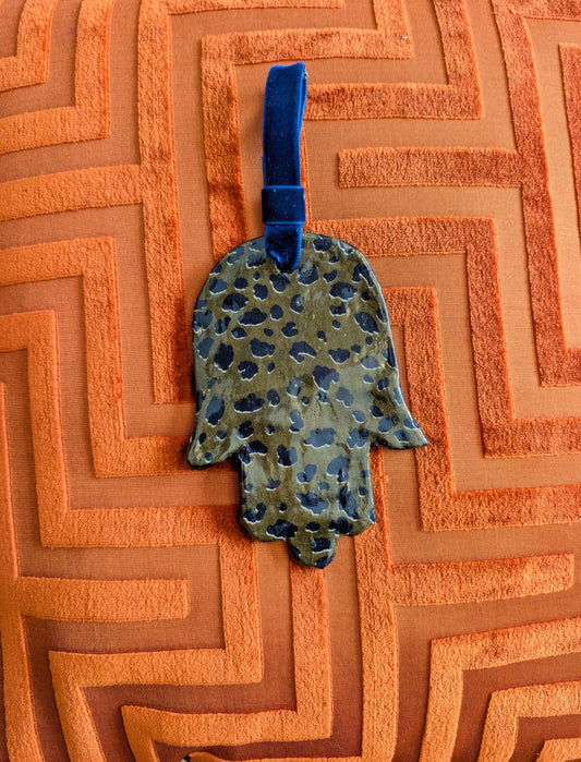 Hamsa wall art in olive and navy leopard print