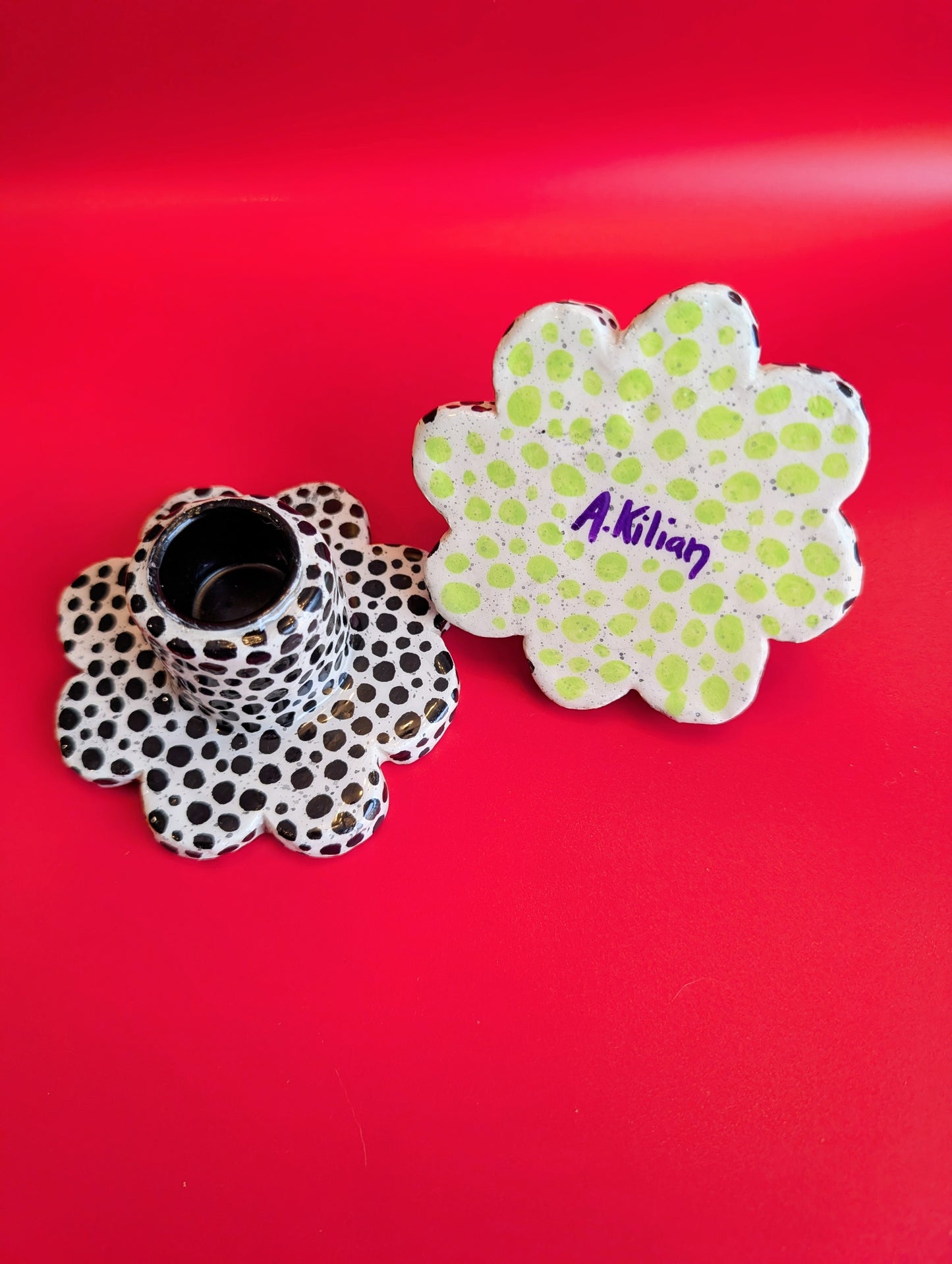 Pair of candle stick holders in Perfectly Imperfect dots
