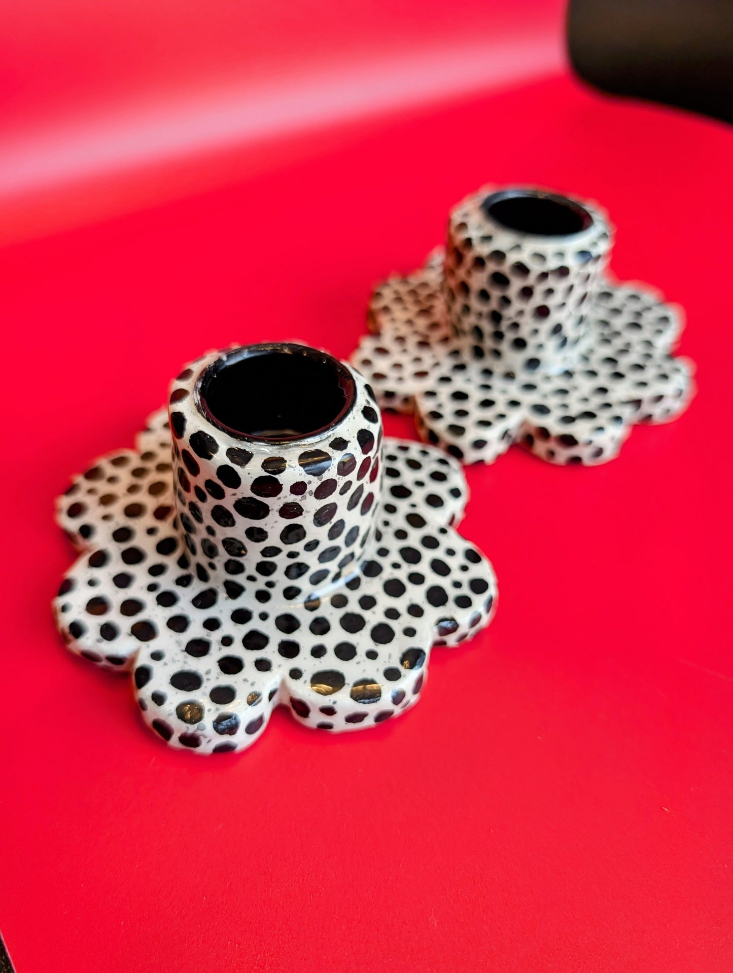 Pair of candle stick holders in Perfectly Imperfect dots