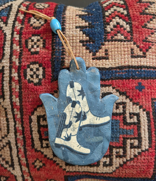 Hamsa wall art in blue patchwork cowboy boots