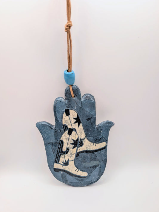 Hamsa wall art in blue patchwork cowboy boots