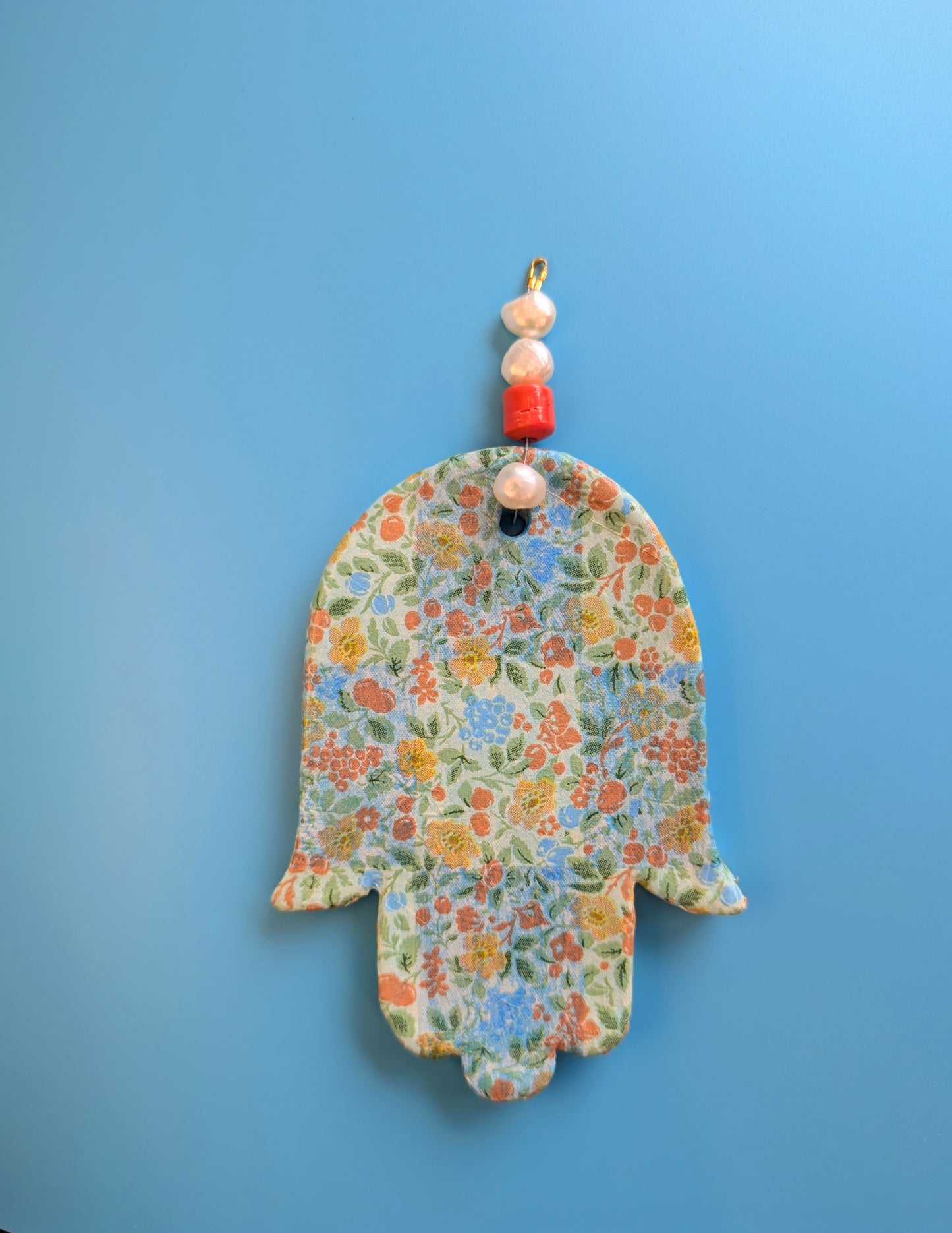 Hamsa wall art in "California floral" checkerboard with pearls