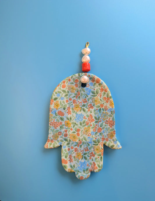 Hamsa wall art in "California floral" checkerboard with pearls